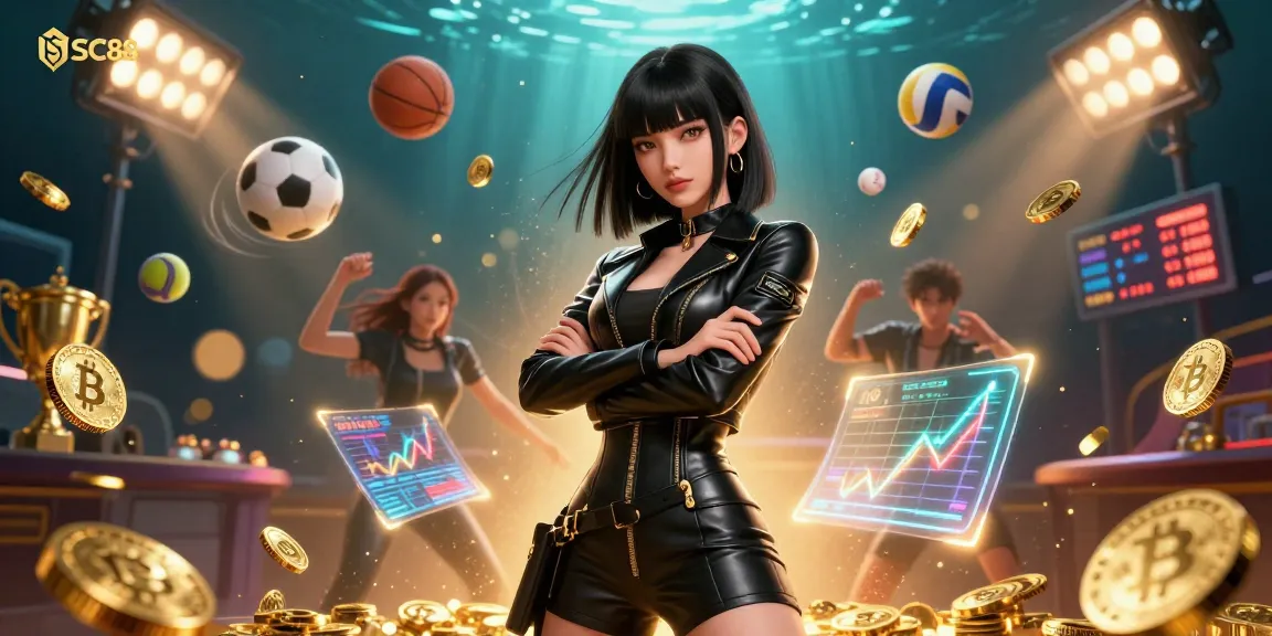 Experience SC88 with vibrant sports betting action, capturing thrilling moments in a dynamic futuristic casino environment.