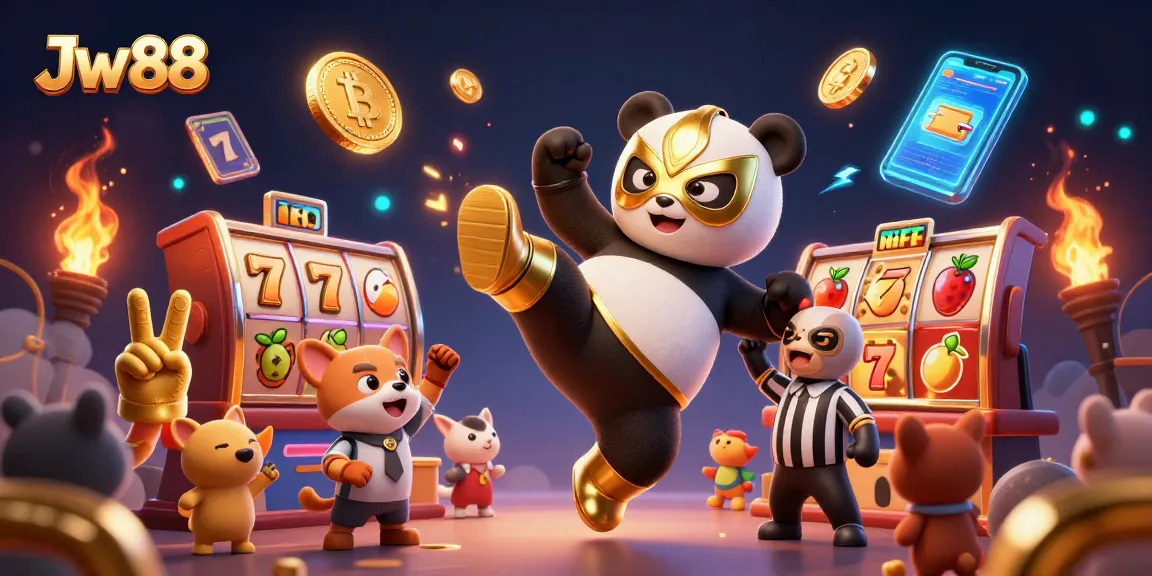 Experience high-energy gameplay at Jw 88 with a thrilling illustration of a panda wrestler kicking and casino elements.