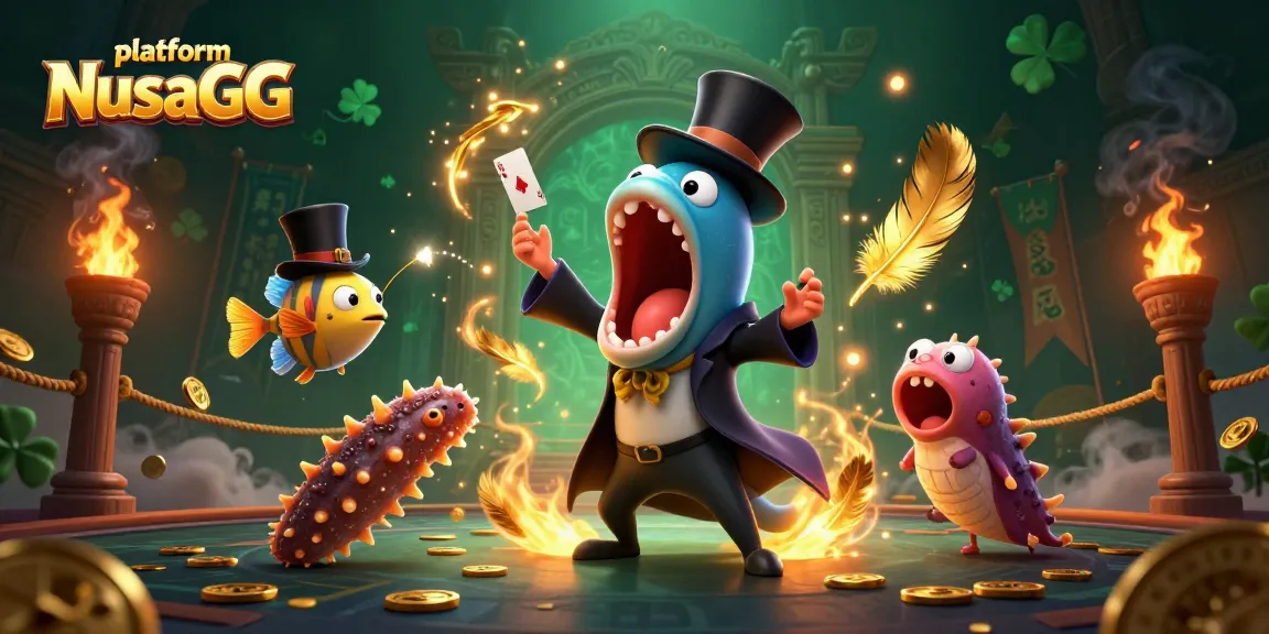 Experience platform NusaGG in a vibrant 3D casino scene featuring a magical eel and friends.