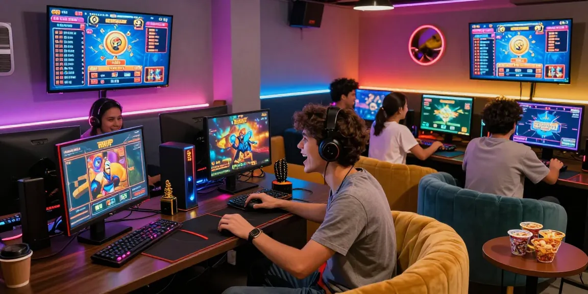 RTP slot online di lounge gaming modern, menunjukkan pemain bersenang-senang dengan teknologi terbaru.