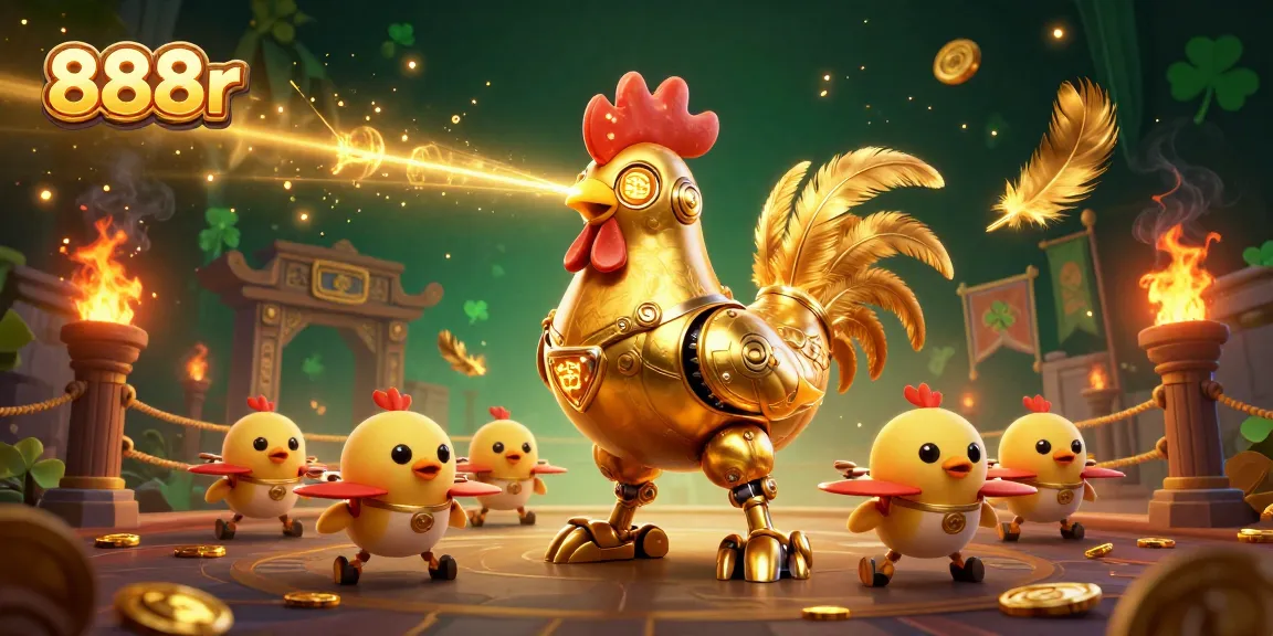 Engage with the thrilling world of 888r as a golden rooster robot leads baby chick drones in a vibrant casino arena.