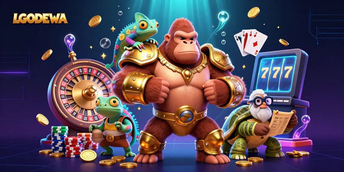 Experience the thrill of LGODEWA with a powerful gorilla king, chameleon spy, and wise tortoise amidst vibrant casino elements.