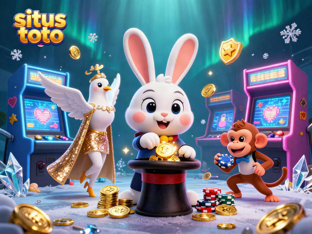 Situs toto menarik perhatian dengan ilustrasi kasino bergaya kartun magis yang dinamis.