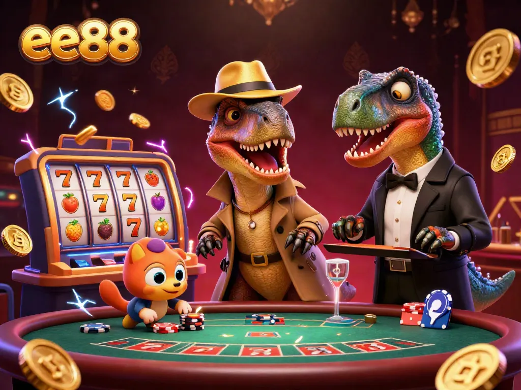 Join the fun at ee88 with playful cartoon dinosaurs embodying the exciting atmosphere of a casino.