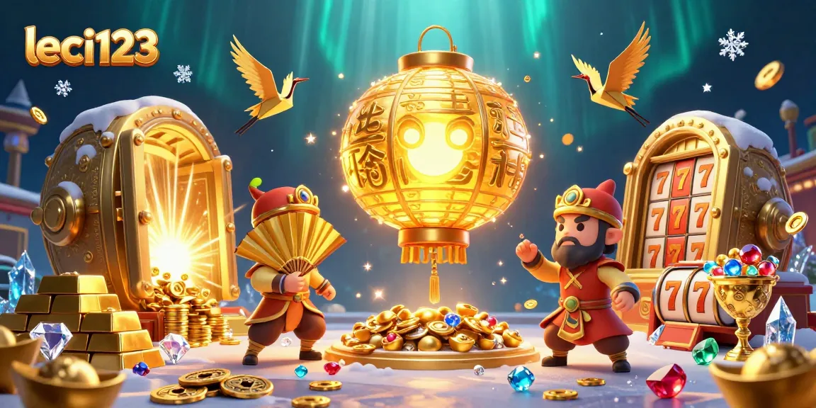 Memenangkan jackpot leci123 di kasino online dengan simbol keberuntungan yang berkilau dan karakter menarik.