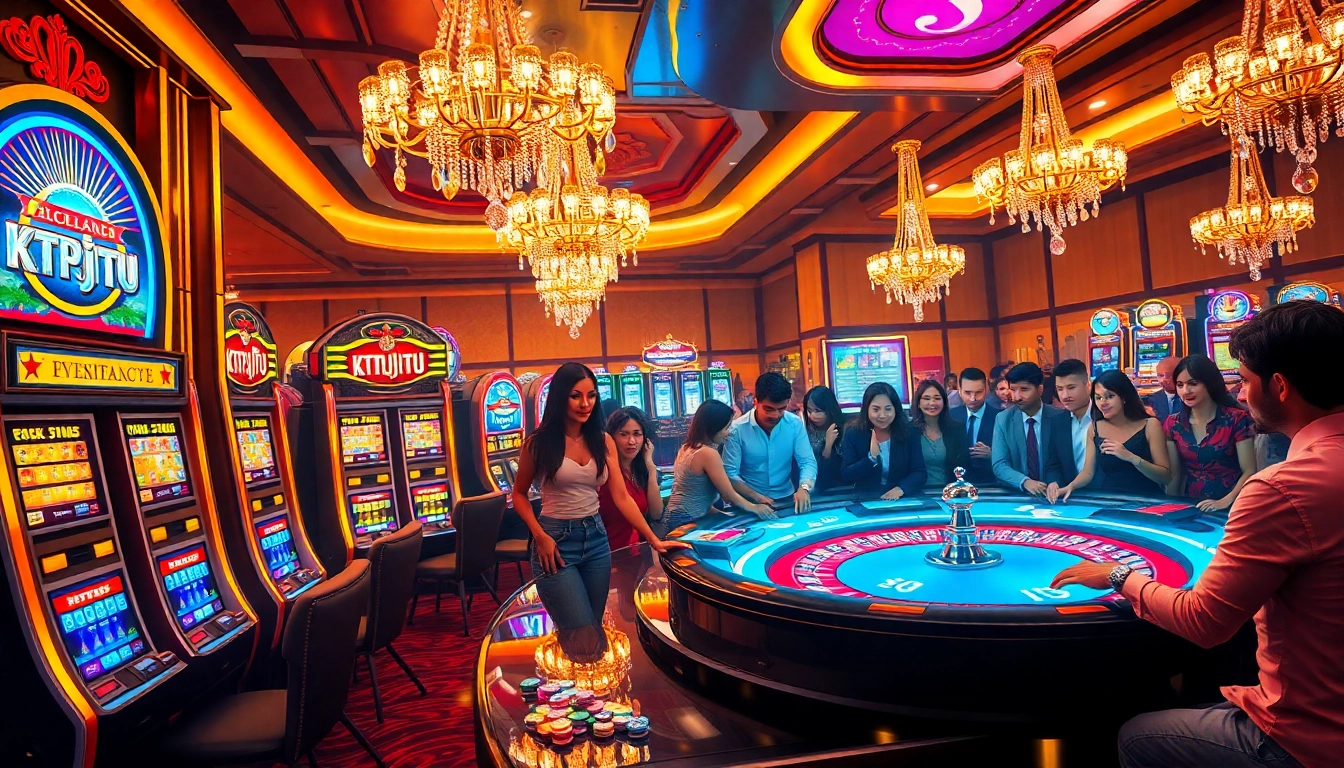 KTPJITU casino scene with slot machines, roulette table, and excited players enjoying the thrills.