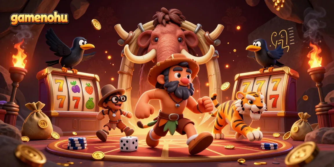 Experience gaming thrills at gamenohu with thrilling 3D cartoon caveman and tiger in a vibrant casino scene.