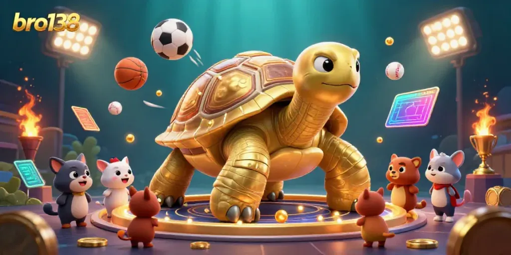 An engaging scene illustrating the excitement at bro138 with a golden tortoise pinball machine amidst a flurry of dynamic sports elements.