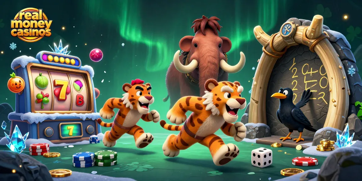 Experience the thrill of real money casinos with an engaging caveman-themed casino scene.