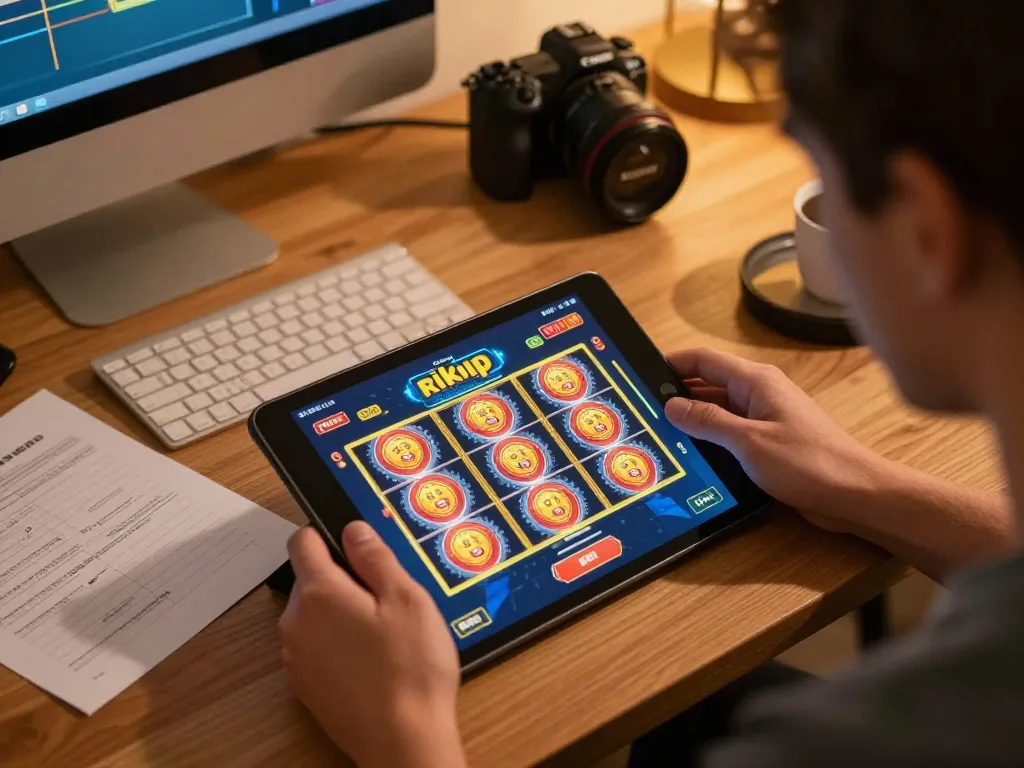 Engaging with the rikvip app for online casino gaming in a cozy home office