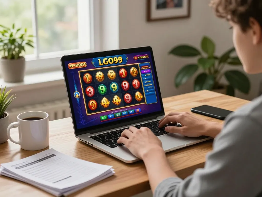 Pengguna LGO99 menikmati permainan slot online di laptop di rumah, dikelilingi catatan strategi dan suasana yang nyaman.
