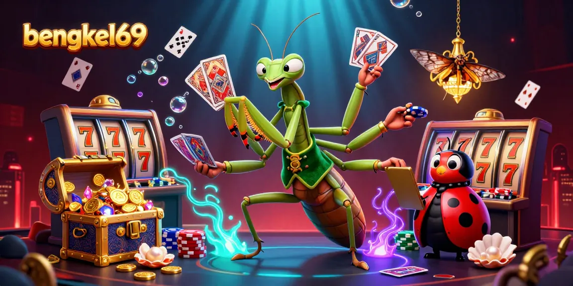 Bengkel69 showcases a vibrant 3D casino scene with card sharp and pit boss amid slot machines and sparkling treasures.
