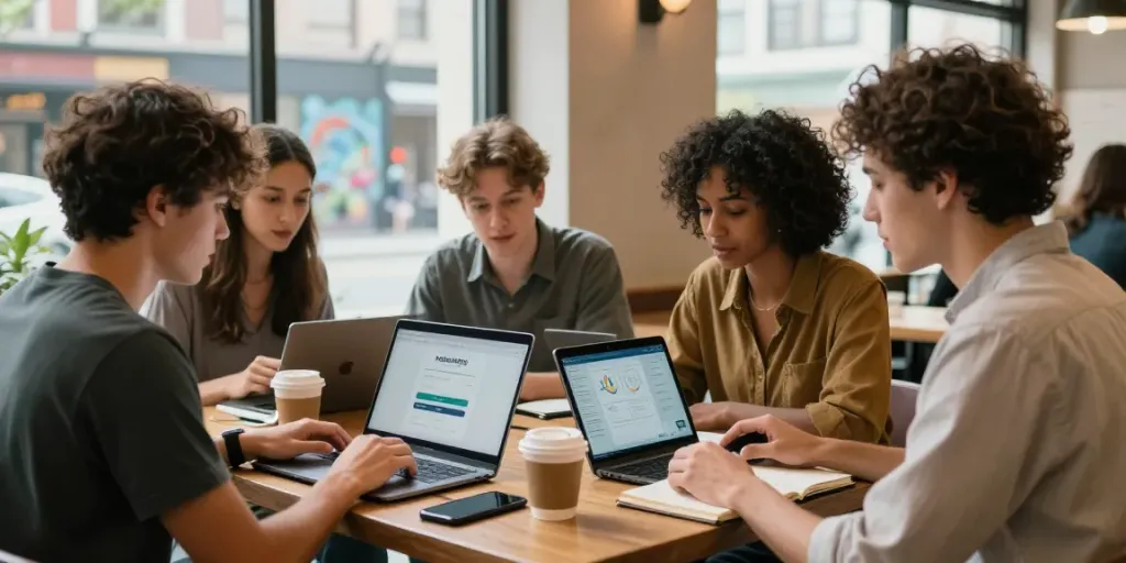 Proses login natunatoto di kafe dengan orang-orang berkolaborasi menggunakan tablet dan laptop di lingkungan yang modern.
