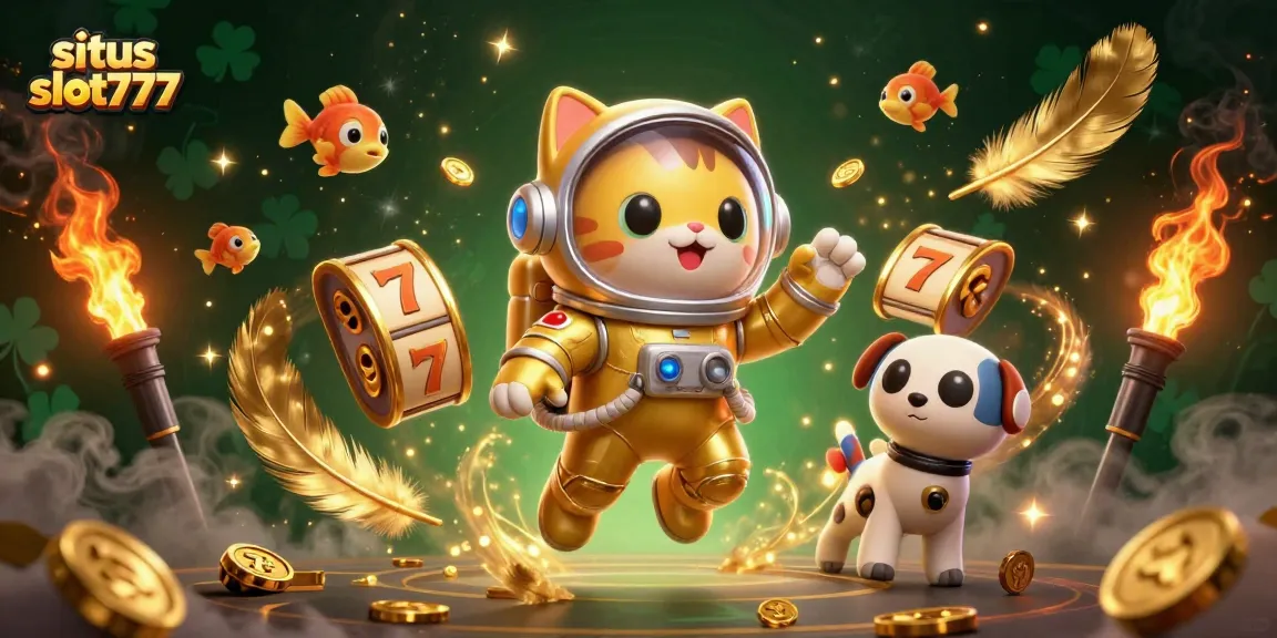 Win big at situs slot777 with an illustration of a golden astronaut cat and exciting casino elements.