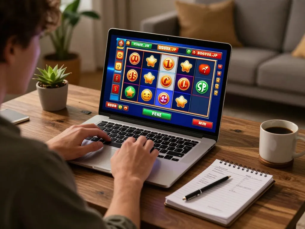 Engaged player concentrating on Booster JP slot game, showcasing vibrant screen and strategic note-taking