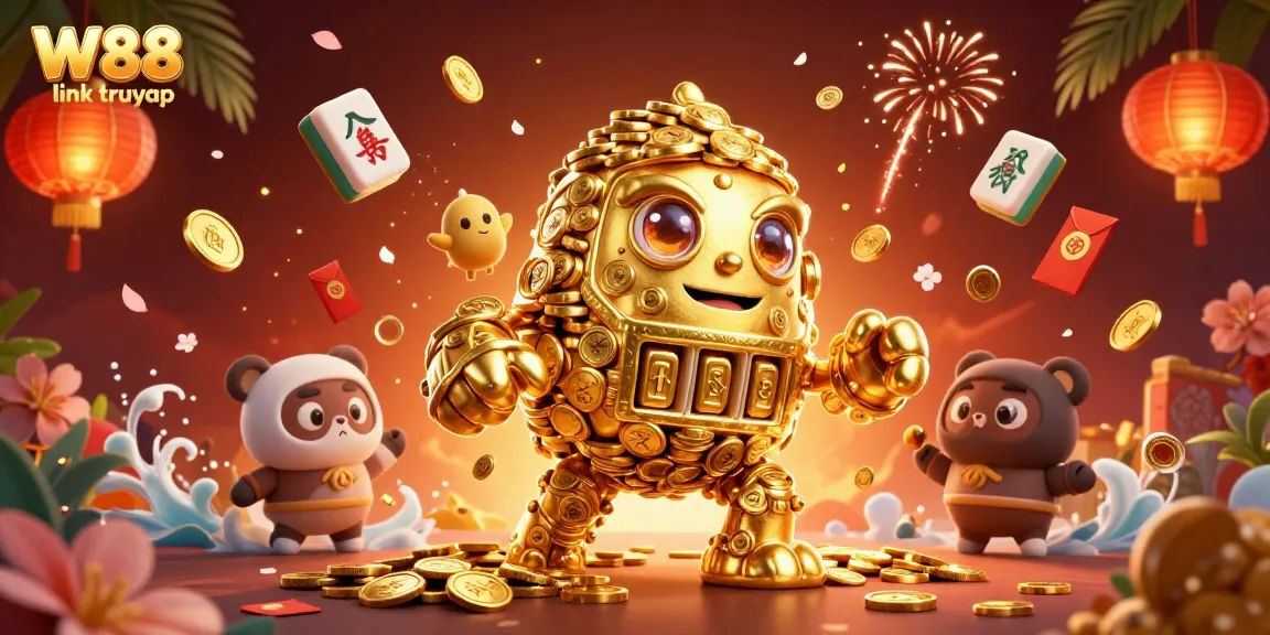 Join the excitement with W88 link truy cập showcasing vibrant casino elements and a golden golem.