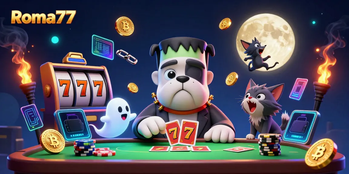 Engage in thrilling gameplay at Roma77 with a vibrant casino scene featuring cartoon characters.