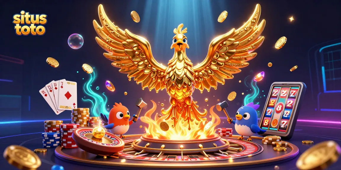 Permainan situs toto menghadirkan phoenix emas mengalir dan koin menyebar di kasino digital.