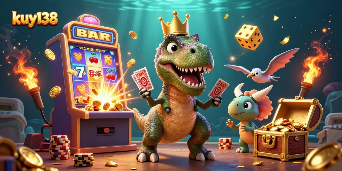 Menang besar dengan kuy138 bermain slot sambil dikelilingi dino lucu dan simbol kasino.