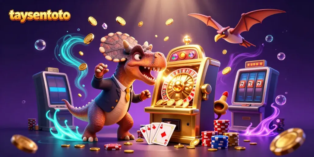 Experience fun with taysentoto as animated dinosaurs revel in casino jackpot excitement.