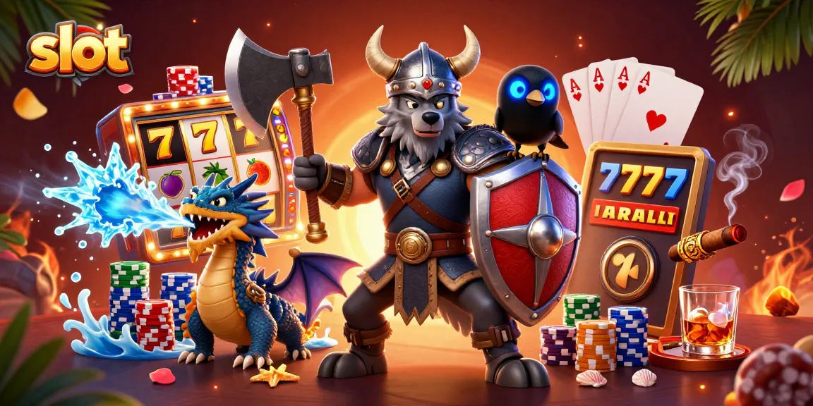 Menangkan slot dengan Viking pejuang dan naga, dikelilingi simbol slot yang cerah.