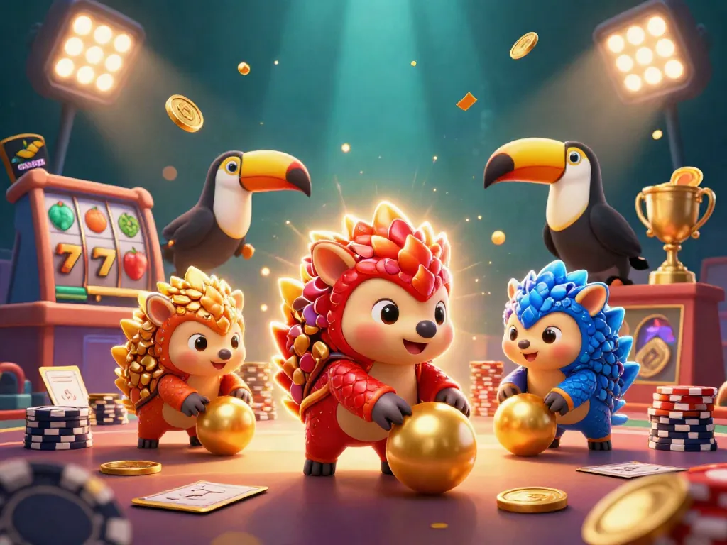 Gambarkan aksi seru coloksgp dengan pangolin bersaing di tengah chip poker, menghitung kemenangan.