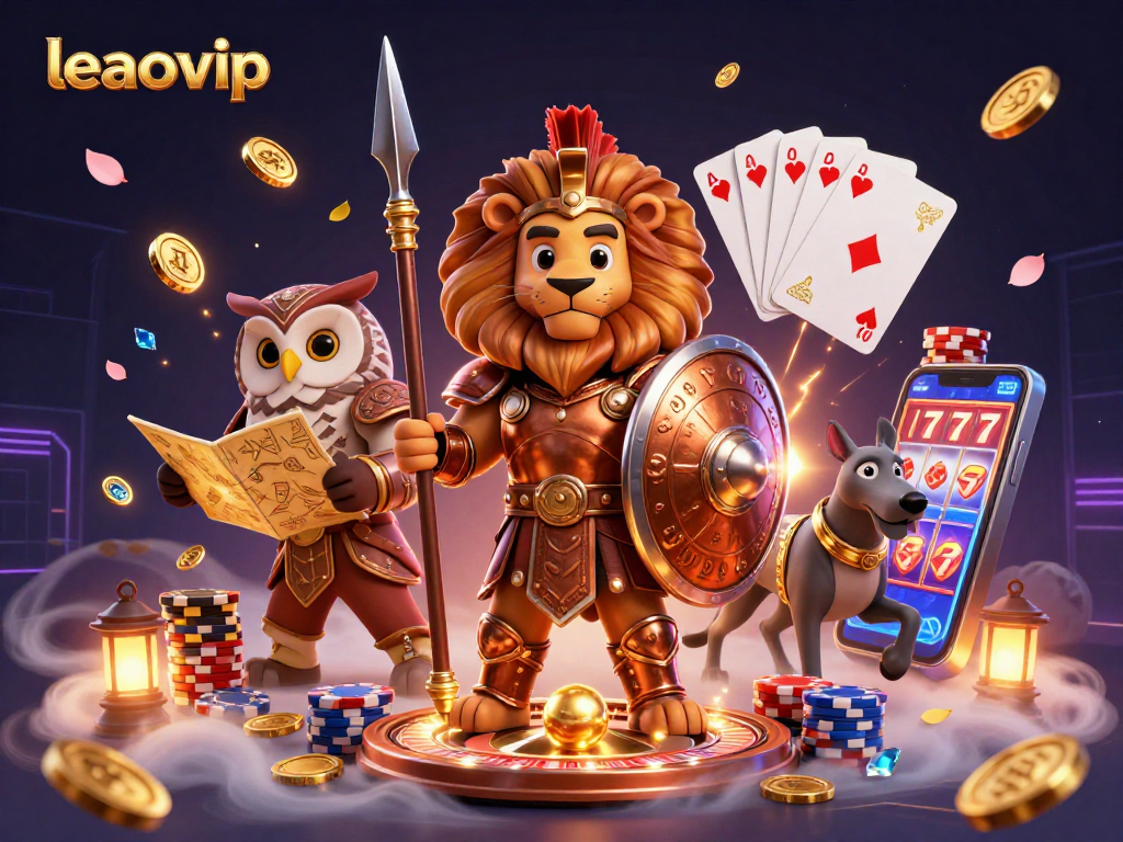 Permainan judi modern dengan karakter leaovip yang mengumpulkan koin emas dan berlian berkilau.