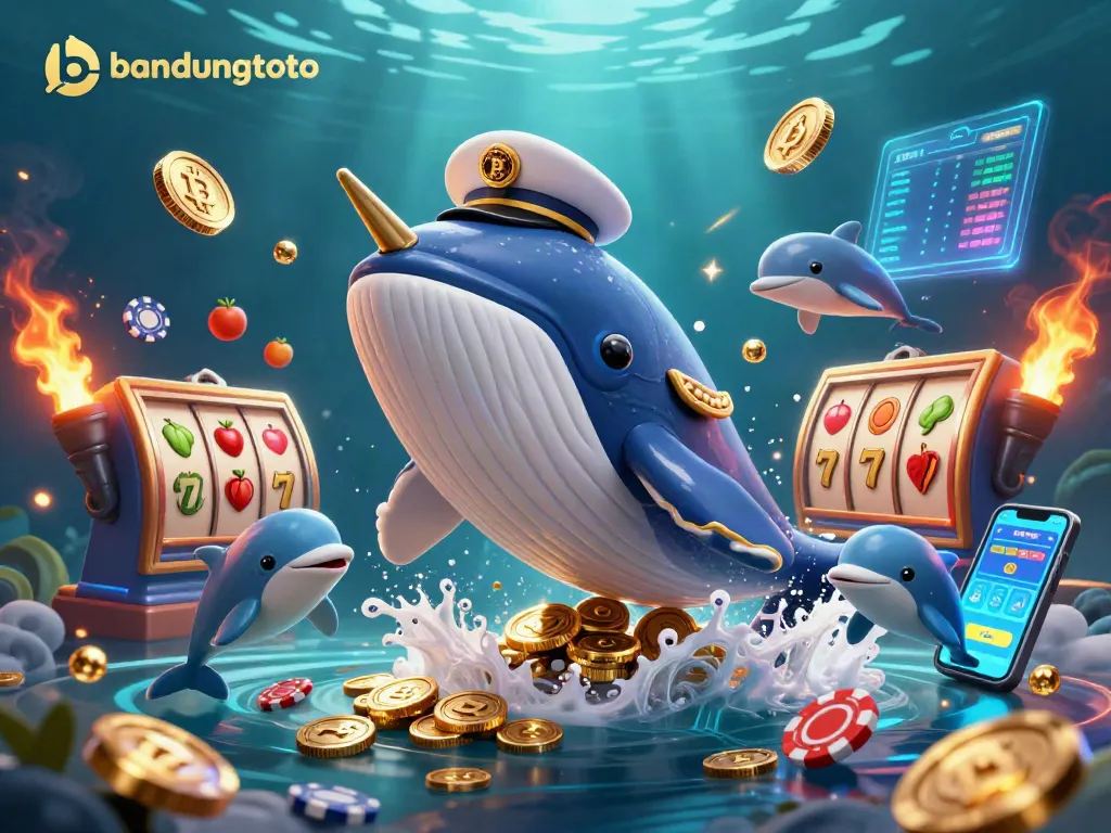 Engage with bandungtoto while enjoying a vibrant casino scene featuring a breaching whale and playful dolphins.