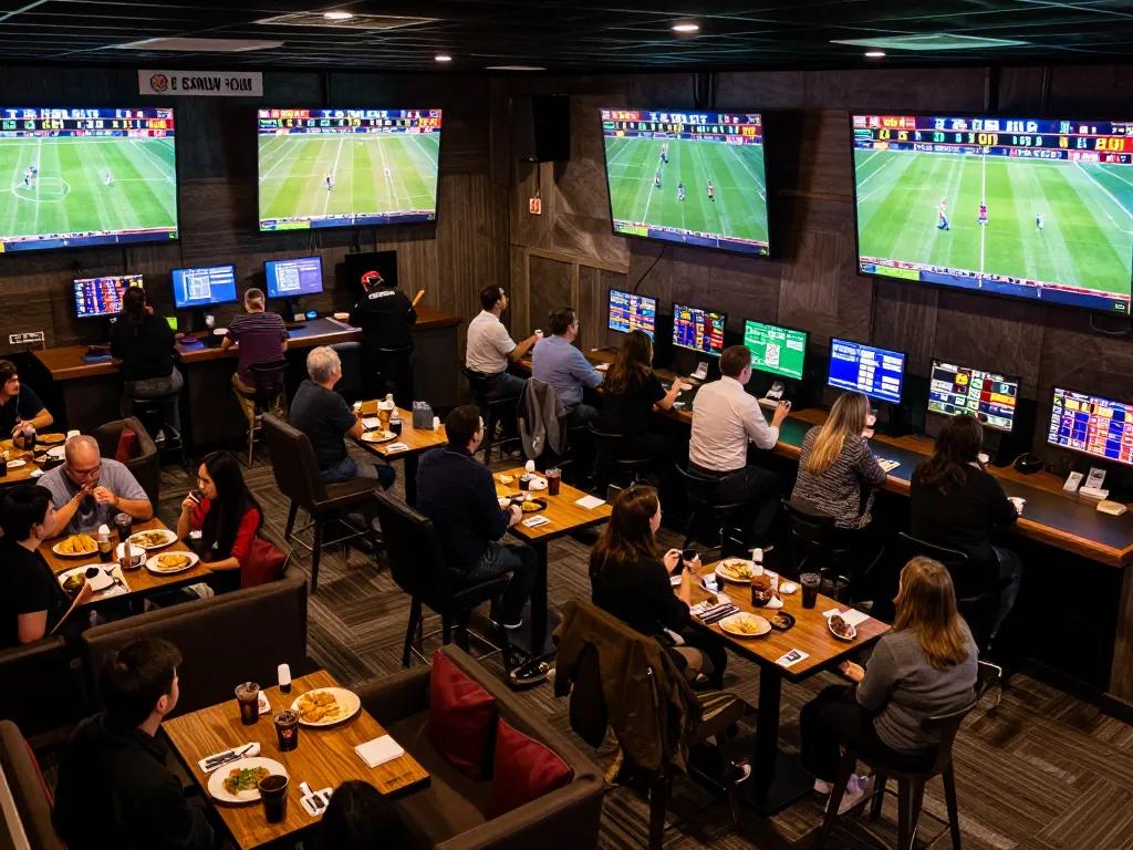 Engaged sports bettors use LGOGOAL to track odds in lively lounge environment