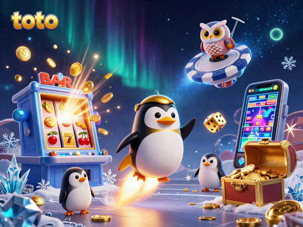 Toto menghadirkan ilustrasi kasino luar angkasa yang mengesankan dengan penguin emas dan mesin slot berkilau.