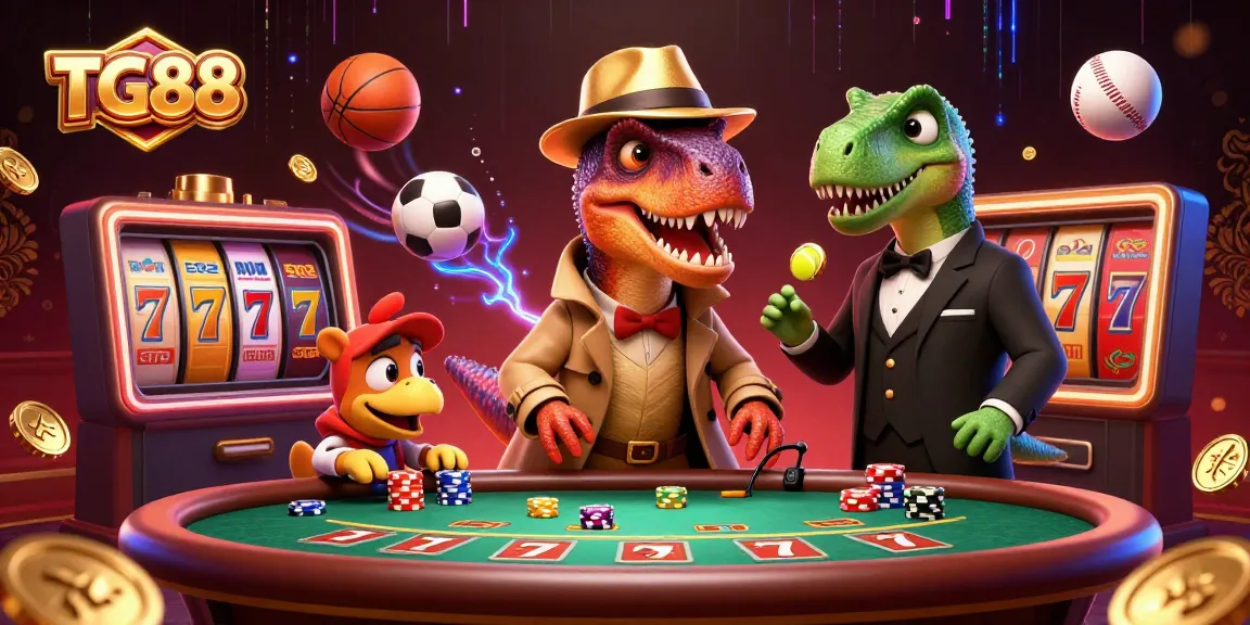 Engaging TG88 casino illustration features a velociraptor card counter stealthily gaming while vibrant slot reels and sports elements surround it.
