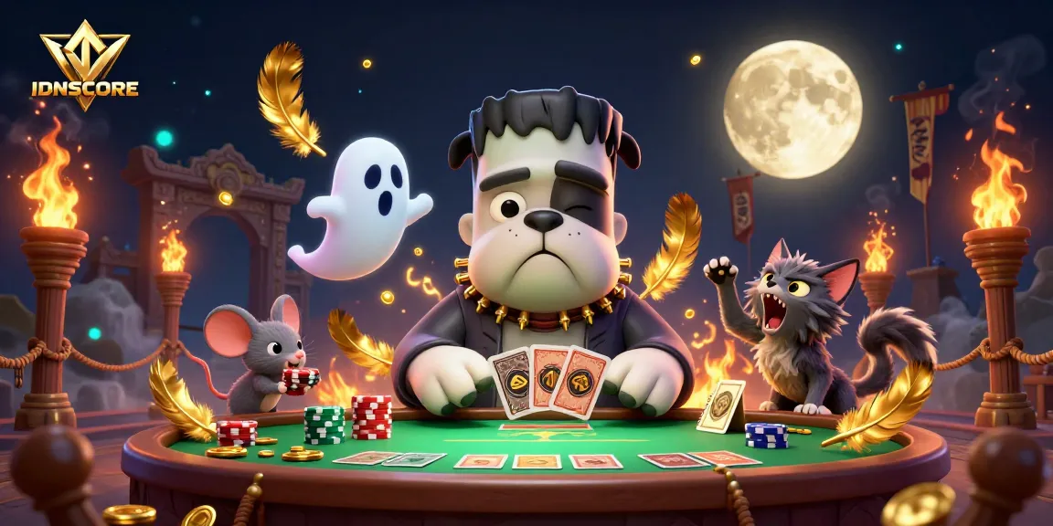 IDNSCORE showcases a lively scene with characters interacting at a vibrant gambling table, under a spooky atmosphere.