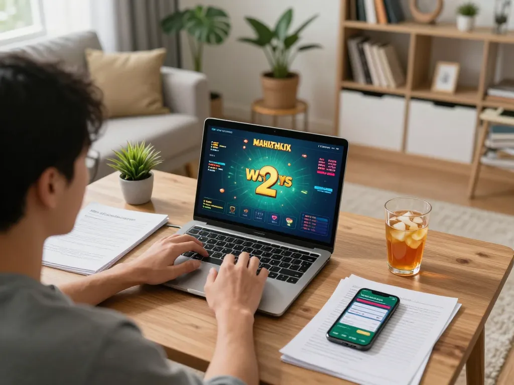 strategi risiko mahjong ways 2 sesi permainan dengan pemain menganalisis langkah di laptop dan catatan, mempromosikan strategi dan permainan yang bertanggung jawab