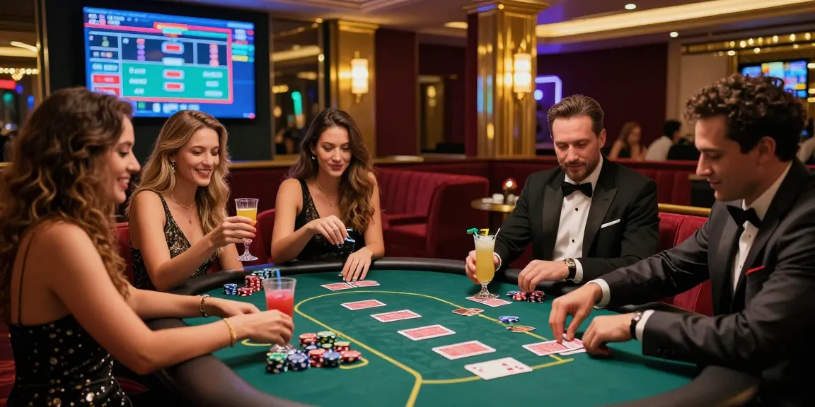 Group enjoying high-stakes gaming at Seributoto casino lounge, vibrant atmosphere with cocktails and excitement.