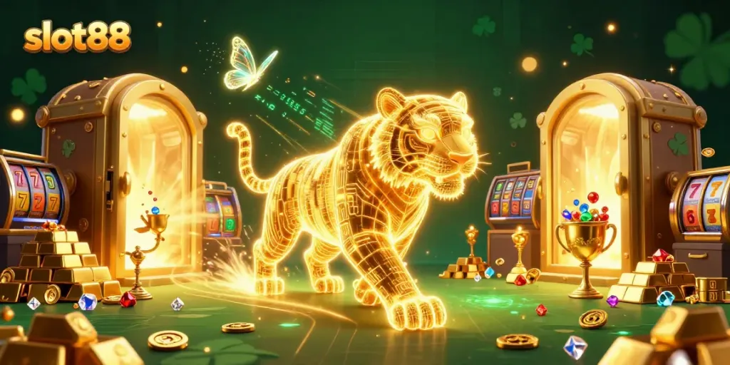 Experience the thrill of slot88 in a dynamic virtual casino with golden tigers and dazzling gems.