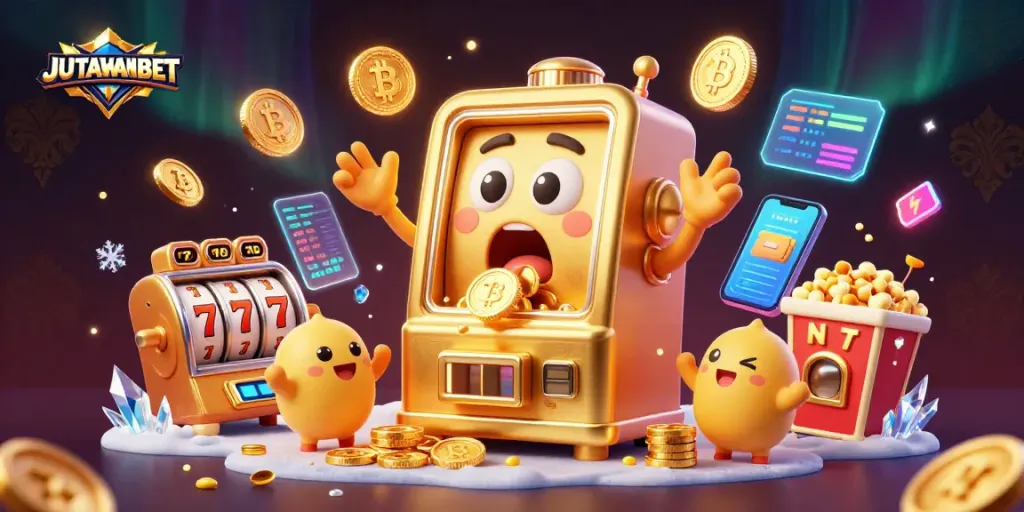 Engage with JUTAWANBET as the golden slot machine hits the jackpot amidst vibrant casino elements.