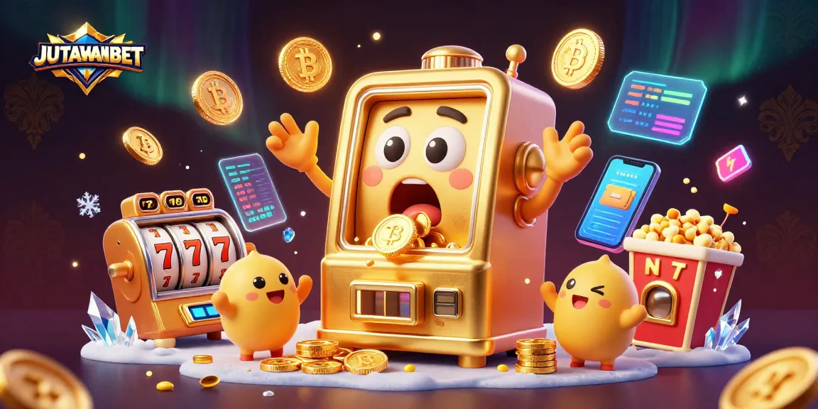 Engage with JUTAWANBET as the golden slot machine hits the jackpot amidst vibrant casino elements.
