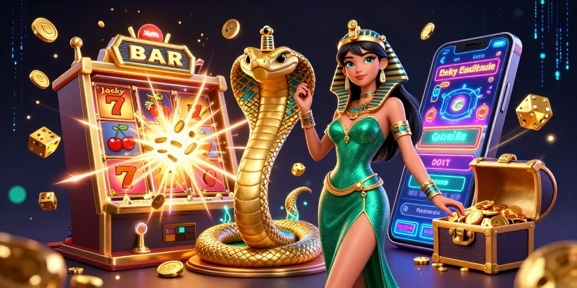 Spin the reels of sun-themed slots with a glamorous woman and golden cobra in this engaging casino scene.