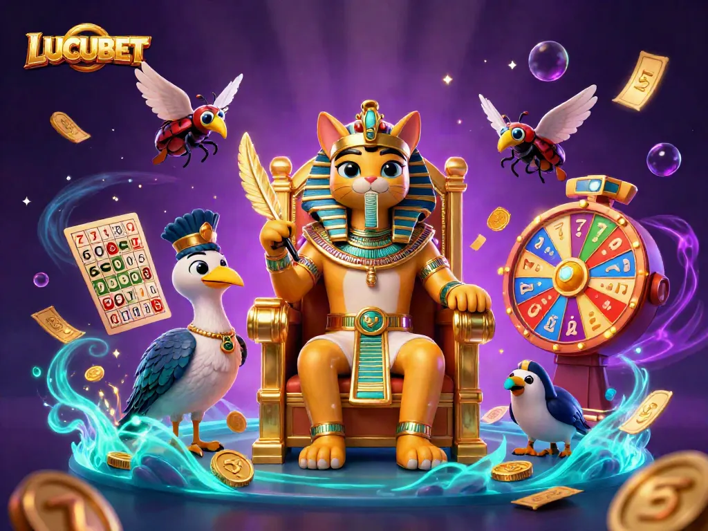 LUCUBET slot scene featuring a pharaoh cat on a throne surrounded by slot elements and golden tickets.