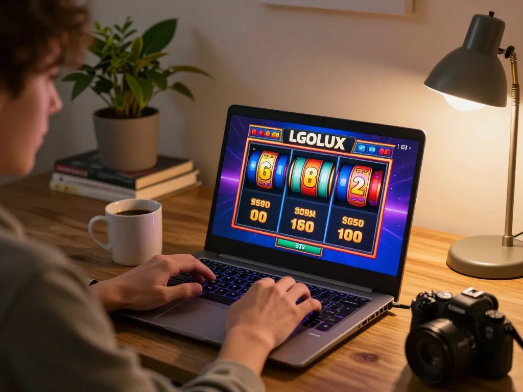 Engaged player enjoying slots at LGOLUX during cozy evening at home, laptop screen visible.