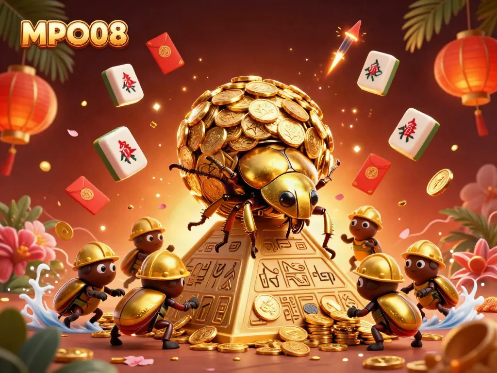 Experience thrilling gameplay at MPO08 with golden coins rolling and festive decorations.