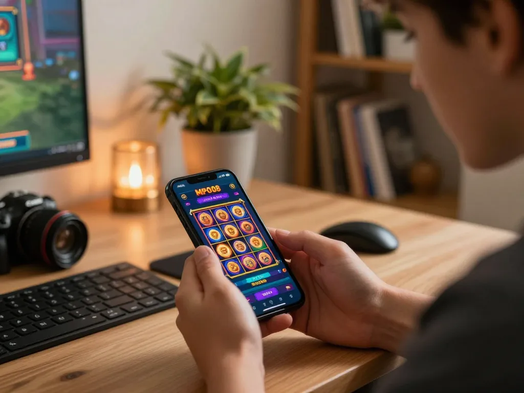 MPO08 app user engaging with live slot game on smartphone in cozy home office atmosphere