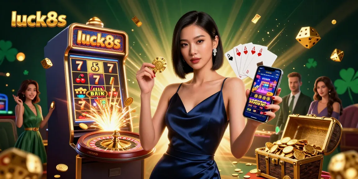 Experience excitement at luck8s with a stunning Asian dealer holding a casino app and golden chip amidst thrilling gaming elements.