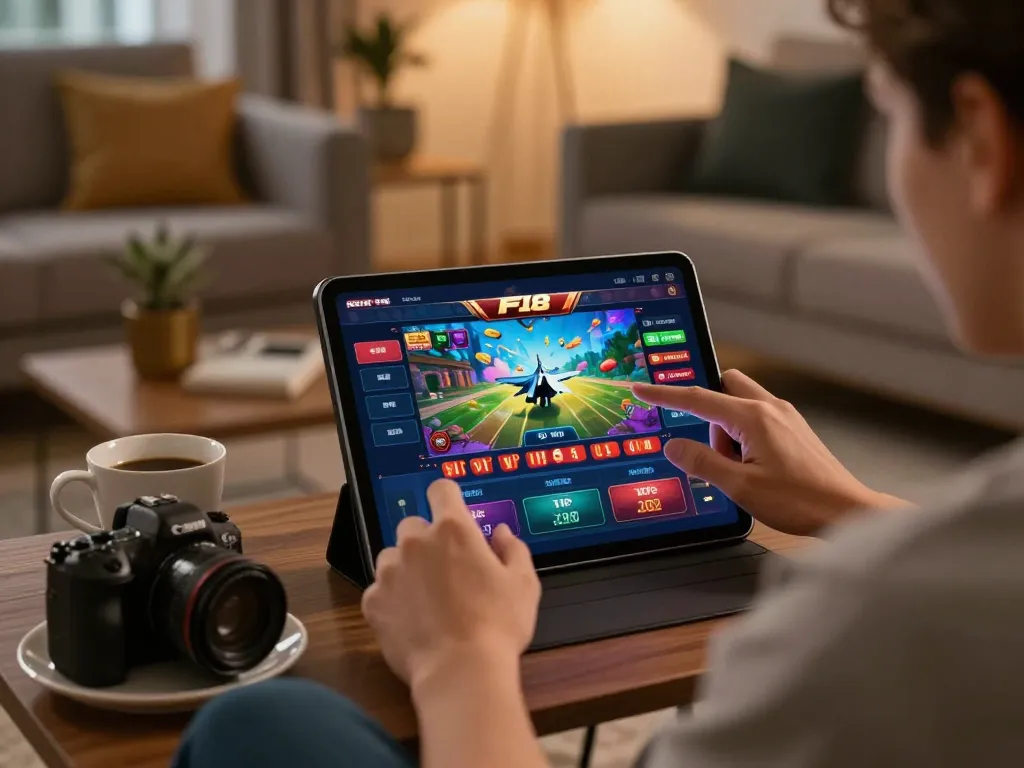 Engaging with the F168 VIP app in a cozy home setting, showcasing high-stakes online gaming.