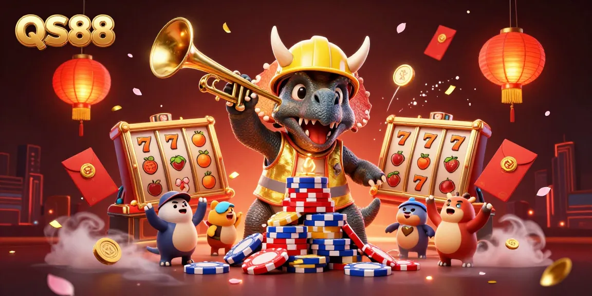 Celebrate at QS88 with a triceratops building poker chip pyramids in a festive casino scene.