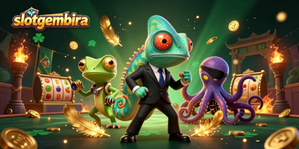 Engage in thrilling gaming with slotgembira as a chameleon, gecko, and octopus illustrate dynamic casino elements.