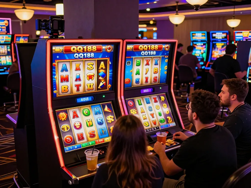 Pemain yang terlibat dalam permainan QQ188 Slot dengan gulungan yang cerah dan simbol animasi, menciptakan suasana kasino yang menarik.