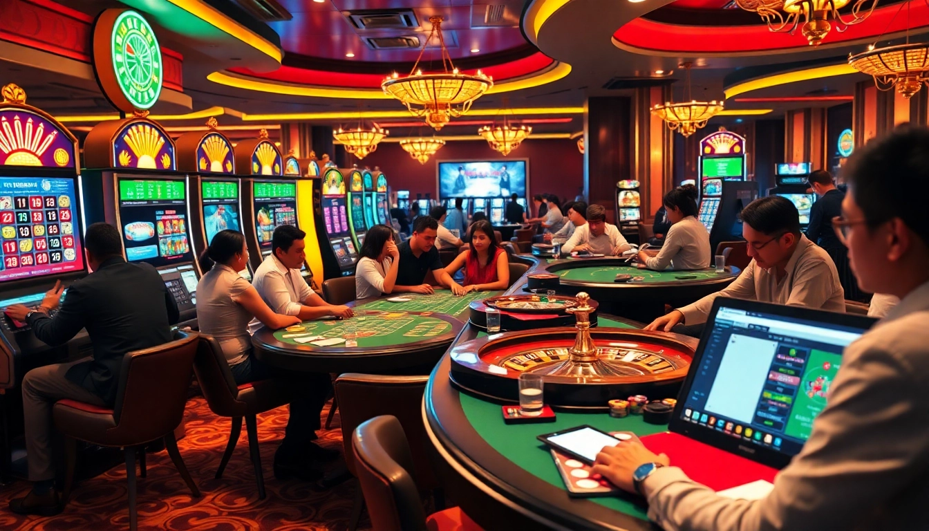 Spectators enjoying sbobet login terbaru at a vibrant casino filled with slot machines and roulette.