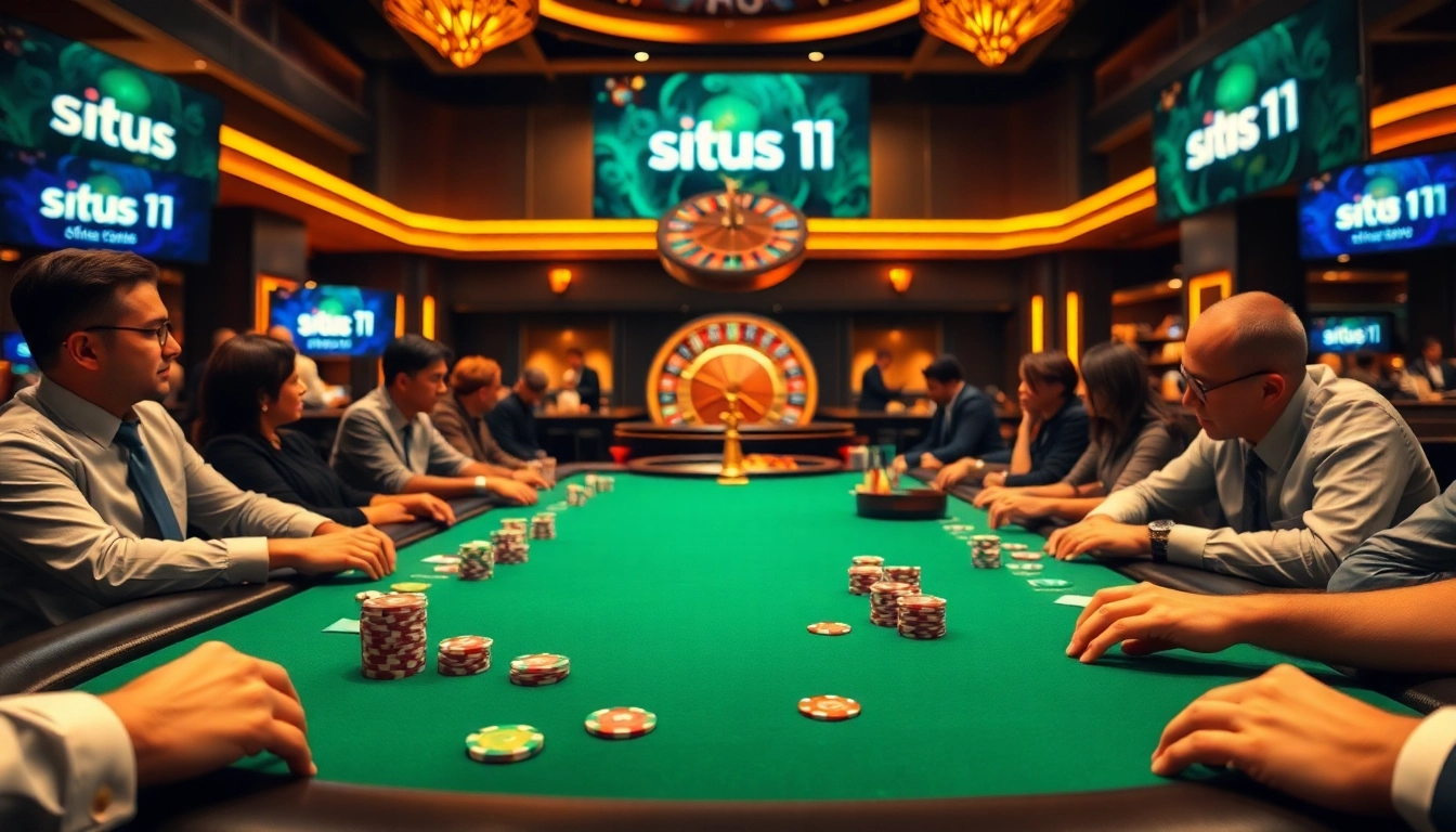 Engage with exciting poker gameplay at situs 11, featuring colorful chips and players immersed in strategy.