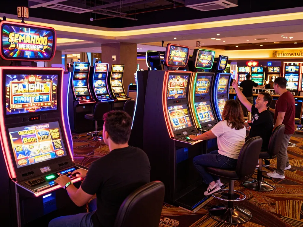 Players enjoying thrilling spins on sunwin slot machines under bright neon lights